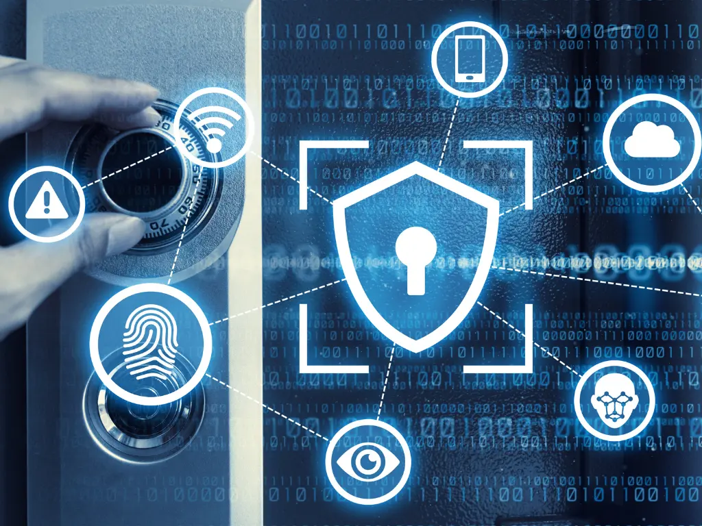 A digital lock icon surrounded by biometric and technology symbols, representing cybersecurity and various methods of secure authentication, with a hand adjusting a dial on the left.