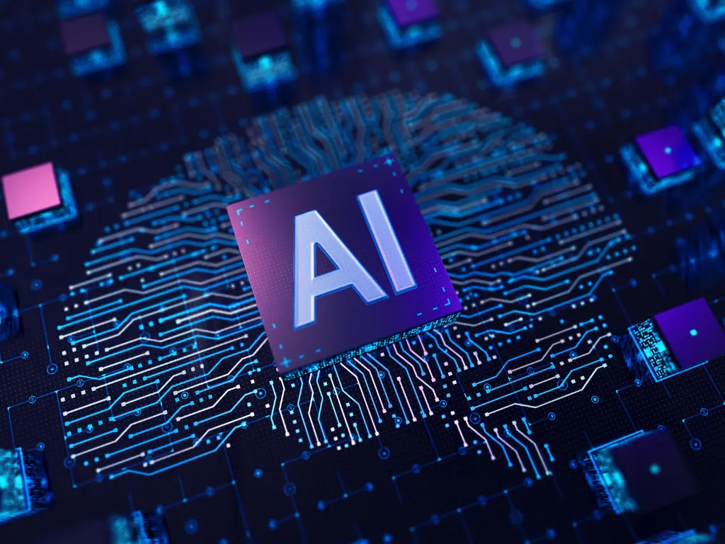 A digital brain made of circuits with "AI" in the center, representing artificial intelligence technology in a futuristic, technological style.