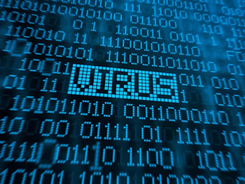 The word "VIRUS" appears among binary code on a digital blue background, symbolizing a computer virus or cyber threat.