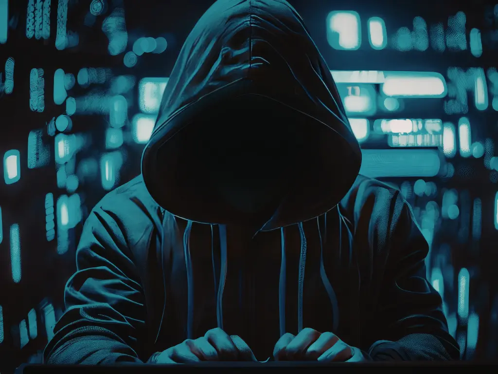 A person in a dark hoodie sits in front of computers, face hidden in shadow, suggesting a hacker or cybercrime scene.