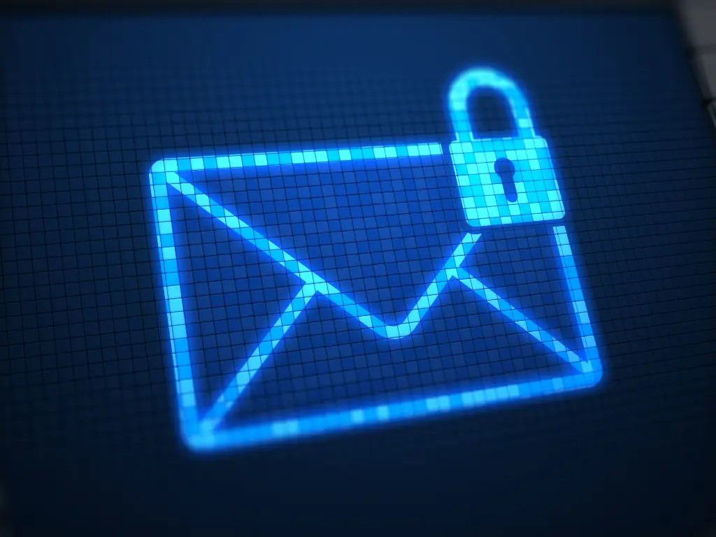 A glowing digital envelope icon with a padlock symbol, representing secure or encrypted email communication on a dark background.