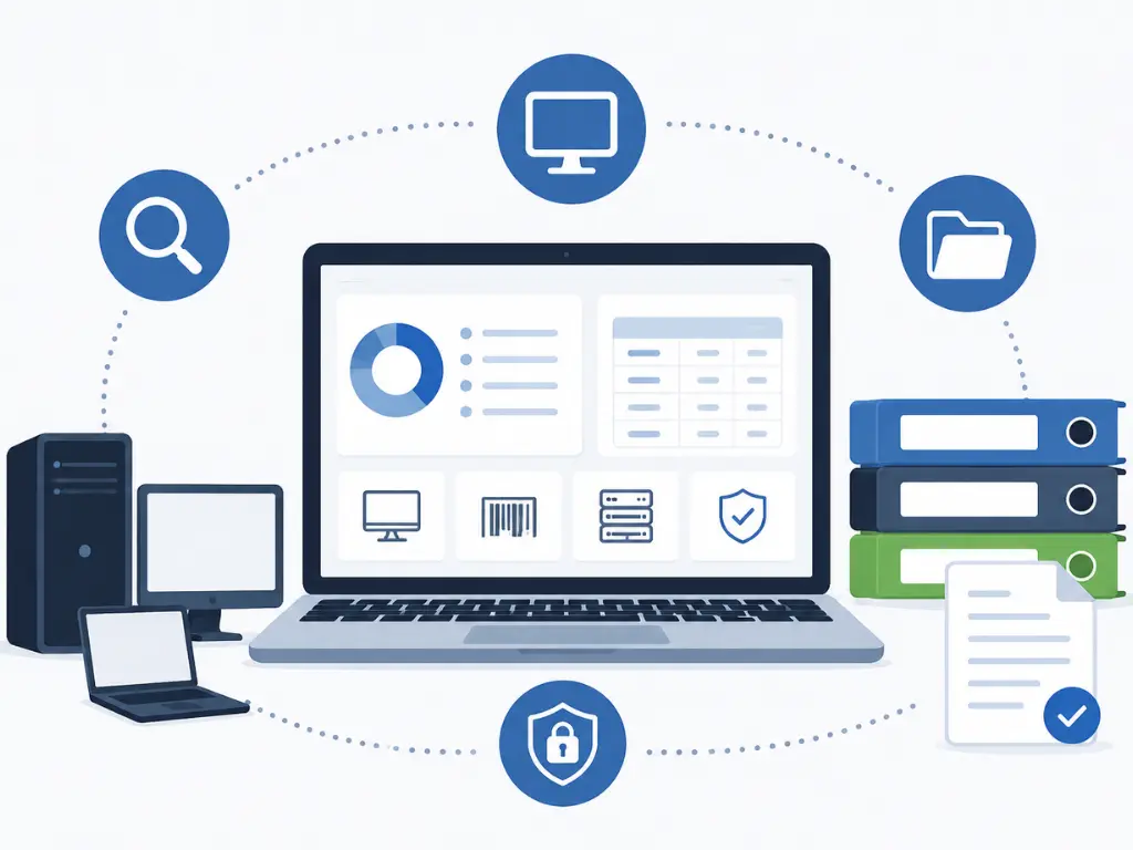 Laptop displaying data charts, surrounded by icons of documents, folders, computer screens, and security, representing digital data management and information organization systems.