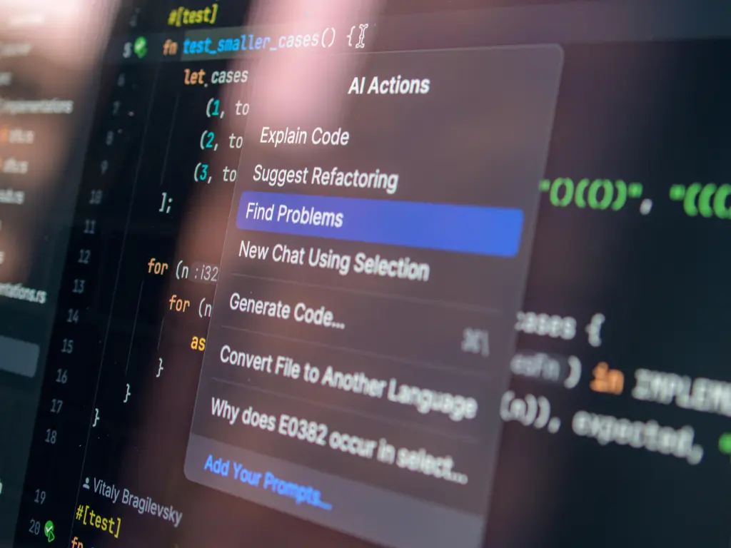 A computer screen displaying code and a context menu with programming options, highlighting "Find Problems" in a code editor interface.