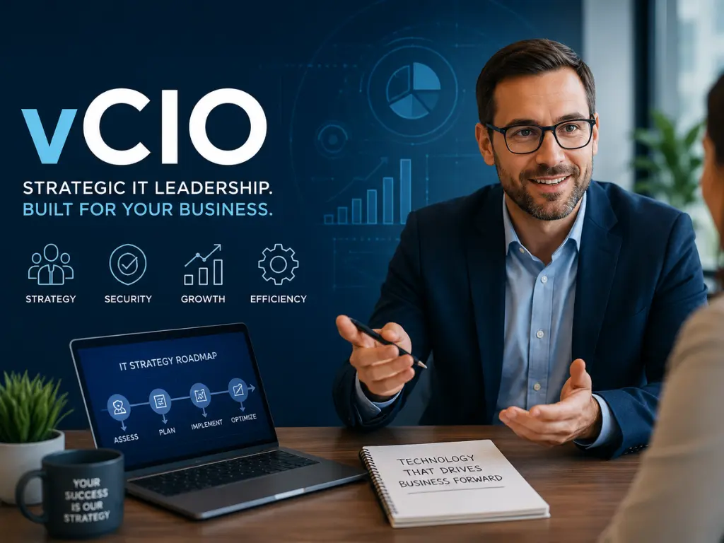 A businessman in an office presents IT strategy with a laptop showing graphs. Text on screen reads "CIO: Strategic IT Leadership for Your Business".