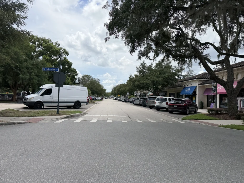 Street view with parked cars, a white van, shops on the right, trees lining both sides, and a cloudy sky above.