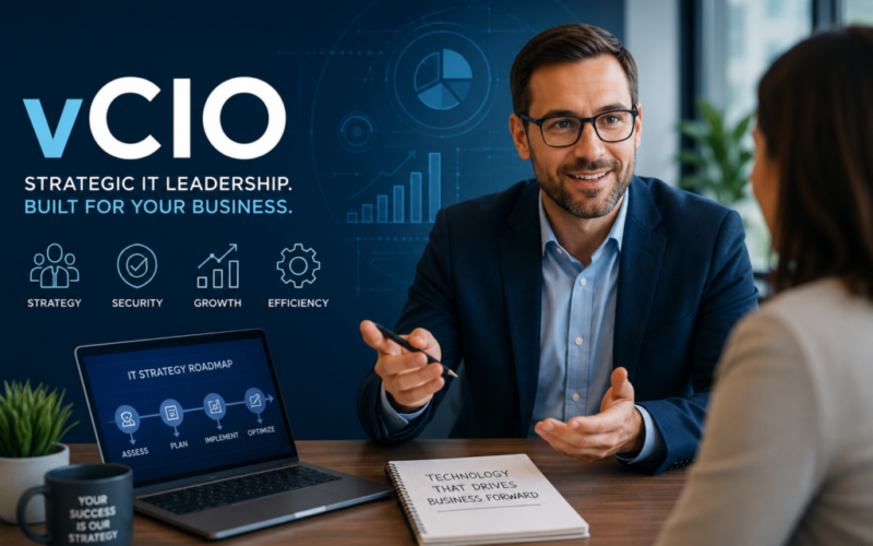 Business meeting in office with man explaining IT strategy roadmap, vCIO branding, and benefits like strategy, security, growth, and efficiency shown on blue presentation background.