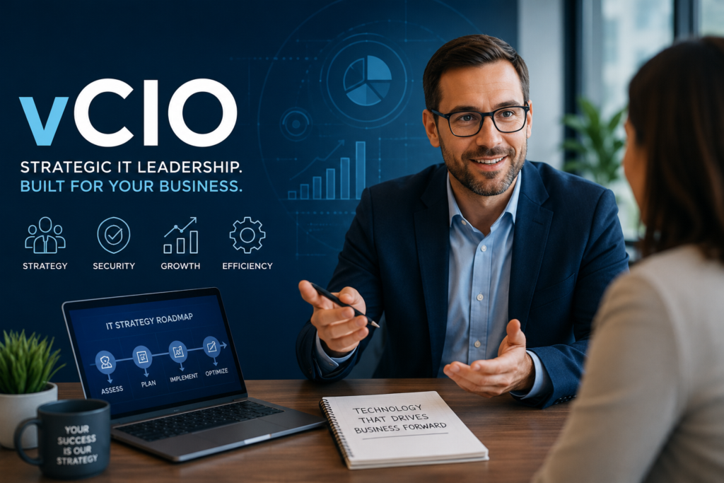 Business meeting in office with man explaining IT strategy roadmap, vCIO branding, and benefits like strategy, security, growth, and efficiency shown on blue presentation background.