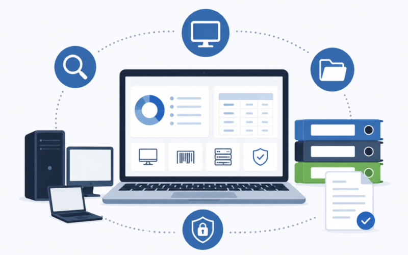 A laptop surrounded by icons representing data security, organization, folders, stacks of binders, a server, and connected digital devices, illustrating digital information management.