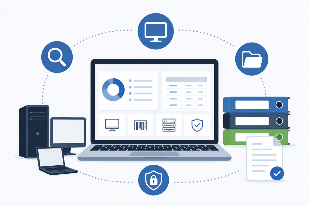 A laptop surrounded by icons representing data security, organization, folders, stacks of binders, a server, and connected digital devices, illustrating digital information management.