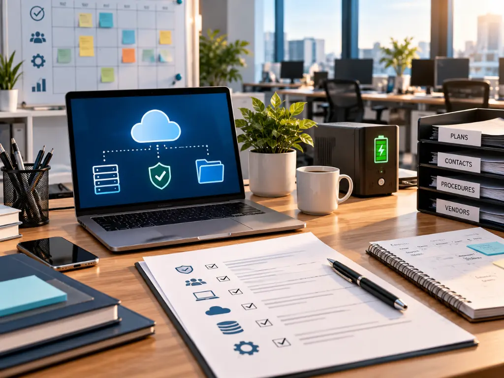 Modern office desk with a laptop displaying cloud security icons, documents, plants, coffee mug, external drive, binders, and office supplies, with an open workspace in the background.