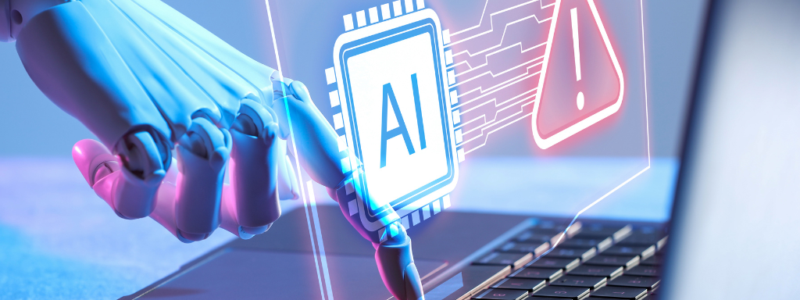 A robotic hand touching a laptop keyboard, with digital graphics of an AI chip and a warning symbol displayed above the keys.