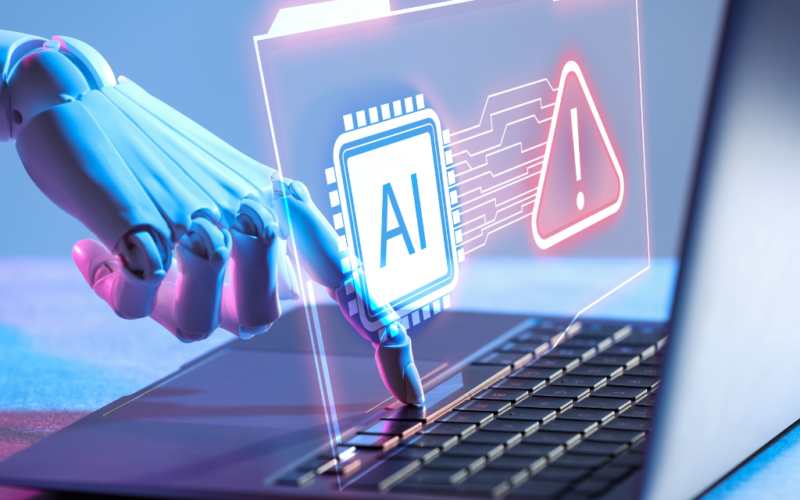 A robotic hand touching a laptop keyboard, with digital graphics of an AI chip and a warning symbol displayed above the keys.