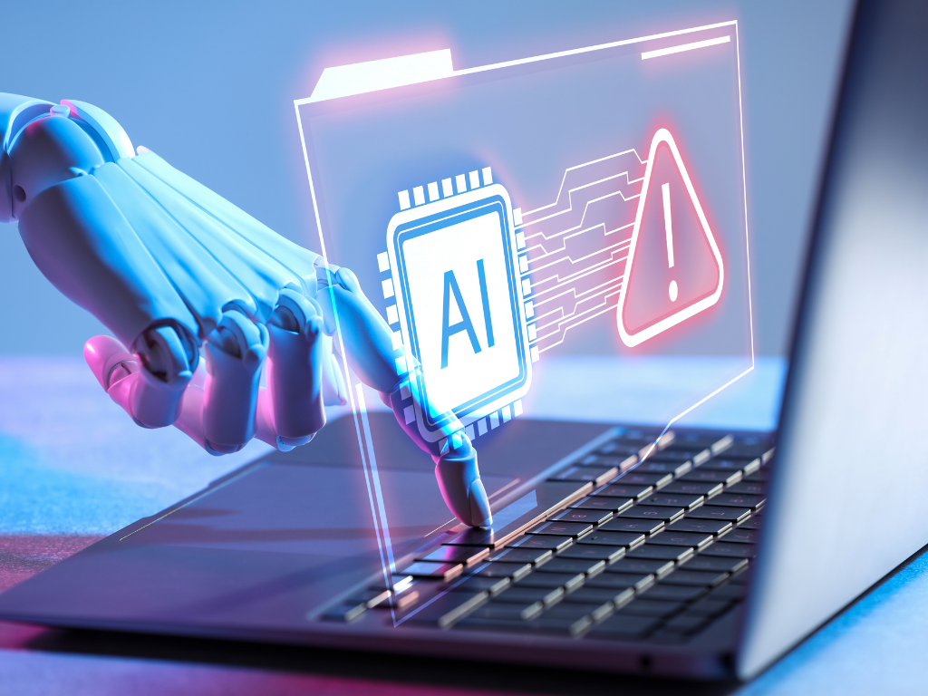 A robotic hand touching a laptop keyboard, with digital graphics of an AI chip and a warning symbol displayed above the keys.