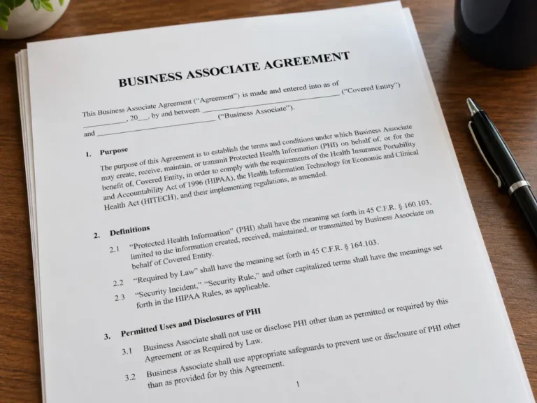 A close-up of a "Business Associate Agreement" document on a desk with a pen and a plant nearby.