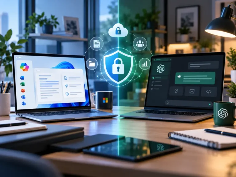 Two laptops on a desk displaying cybersecurity icons, Microsoft and OpenAI interfaces, surrounded by office items and plants, highlighting digital security in a modern workspace.