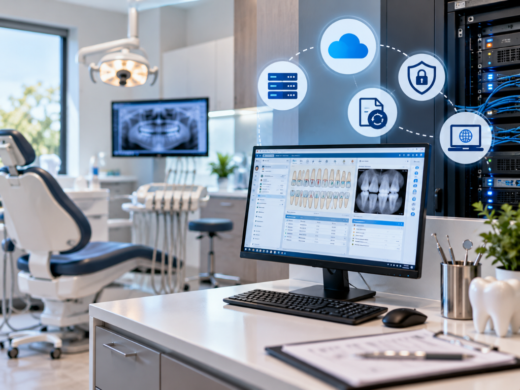 Modern dental office with a computer displaying dental X-rays, digital charts, and cloud storage icons, emphasizing dental technology, patient records, and data security.