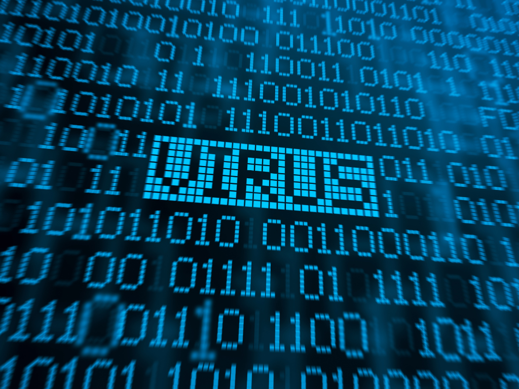 The word "VIRUS" appears in digital text among binary code, representing a computer virus or cybersecurity threat.