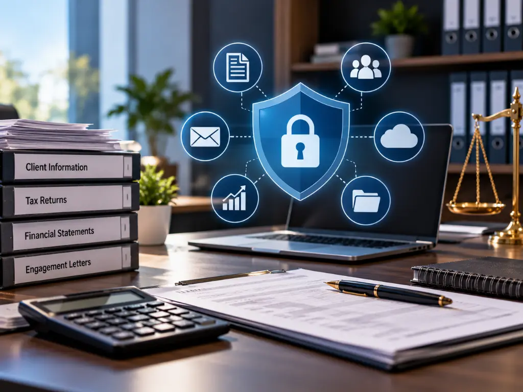 Office desk with files, laptop, and digital lock icon, representing data security and protection of financial and client information.