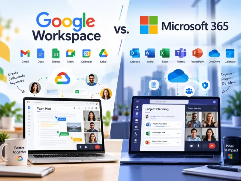 Comparison of Google Workspace and Microsoft 365, showing their app icons, collaboration features, and video meetings on laptops side by side in a workspace environment.