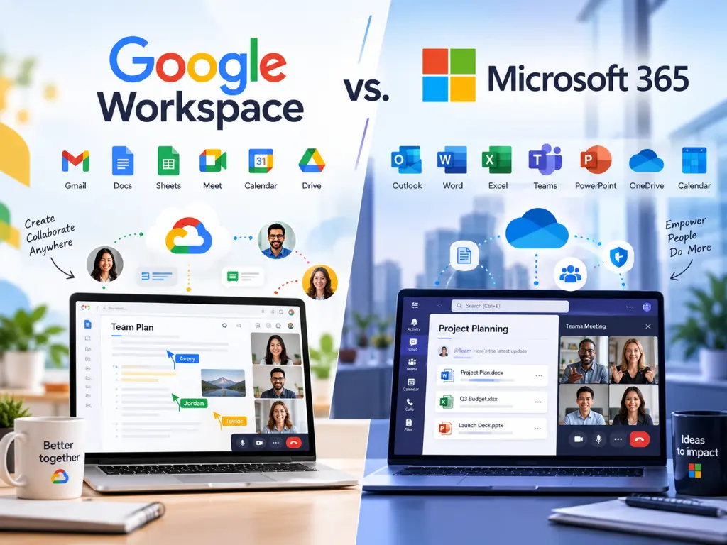 Comparison of Google Workspace and Microsoft 365, showing their app icons, collaboration features, and video meetings on laptops side by side in a workspace environment.