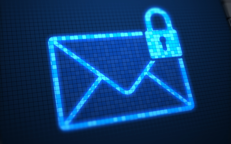 A glowing blue digital envelope with a padlock icon, symbolizing secure or encrypted email communication, is displayed on a pixelated screen background.