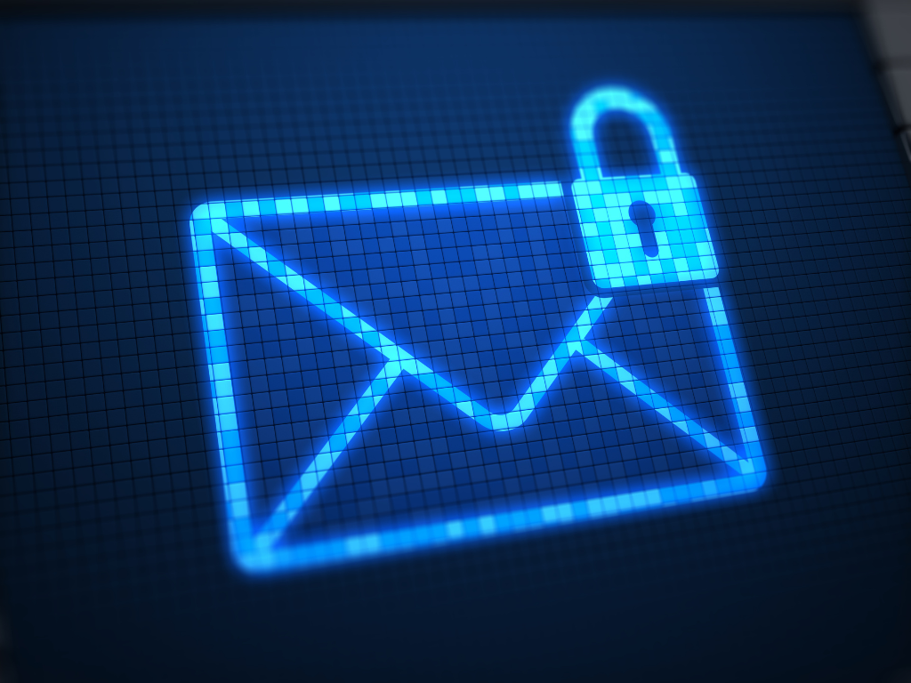 A glowing blue digital envelope with a padlock icon, symbolizing secure or encrypted email communication, is displayed on a pixelated screen background.