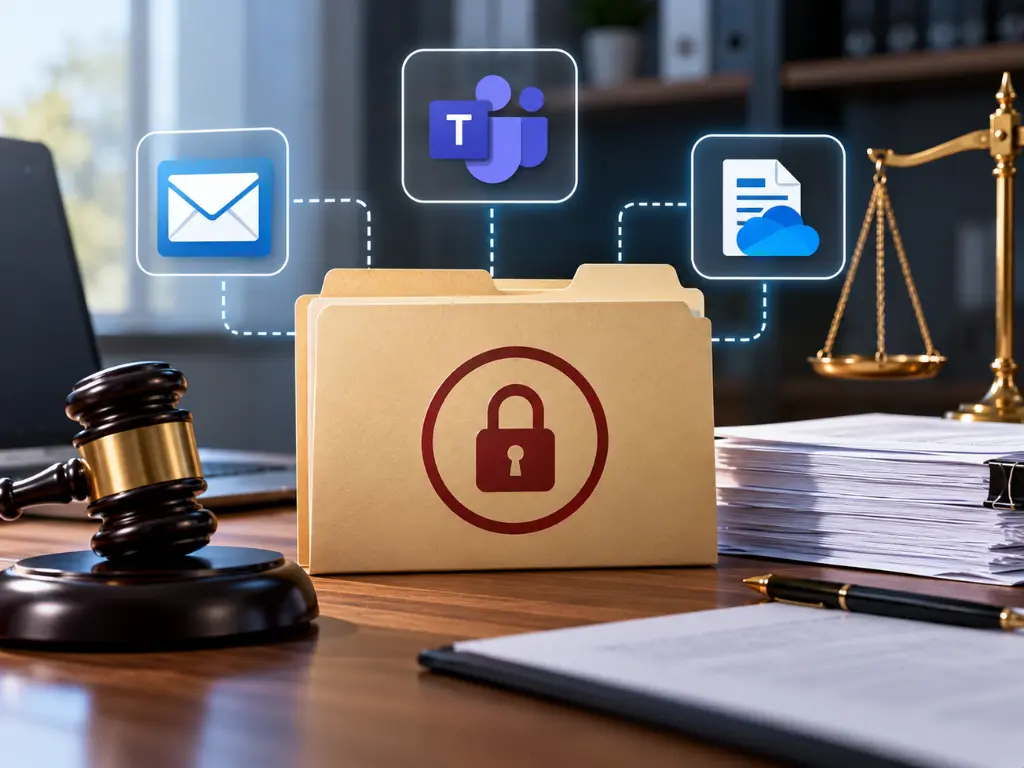 A locked file folder on a desk with legal symbols and icons for email, Teams, and cloud documents, representing secure communication and data privacy in a legal context.