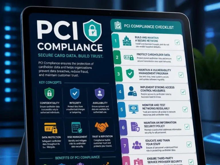 A digital screen displaying PCI Compliance key concepts and a checklist for secure card data protection, with icons and brief descriptions for each compliance requirement.