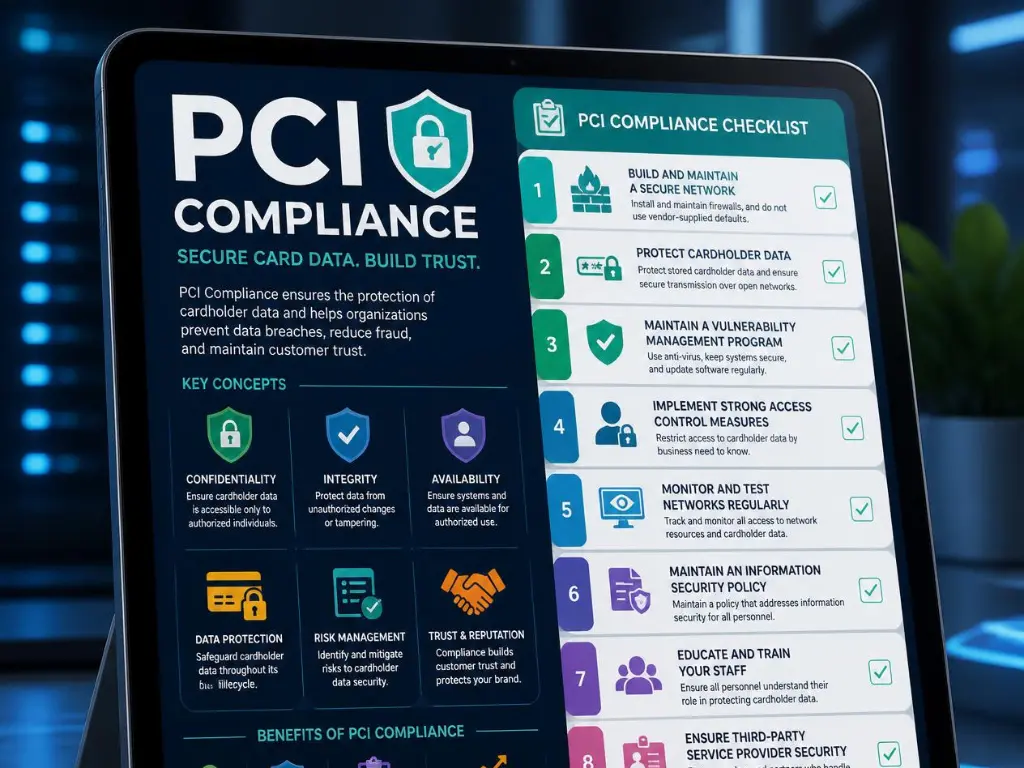 A digital screen displaying PCI Compliance key concepts and a checklist for secure card data protection, with icons and brief descriptions for each compliance requirement.