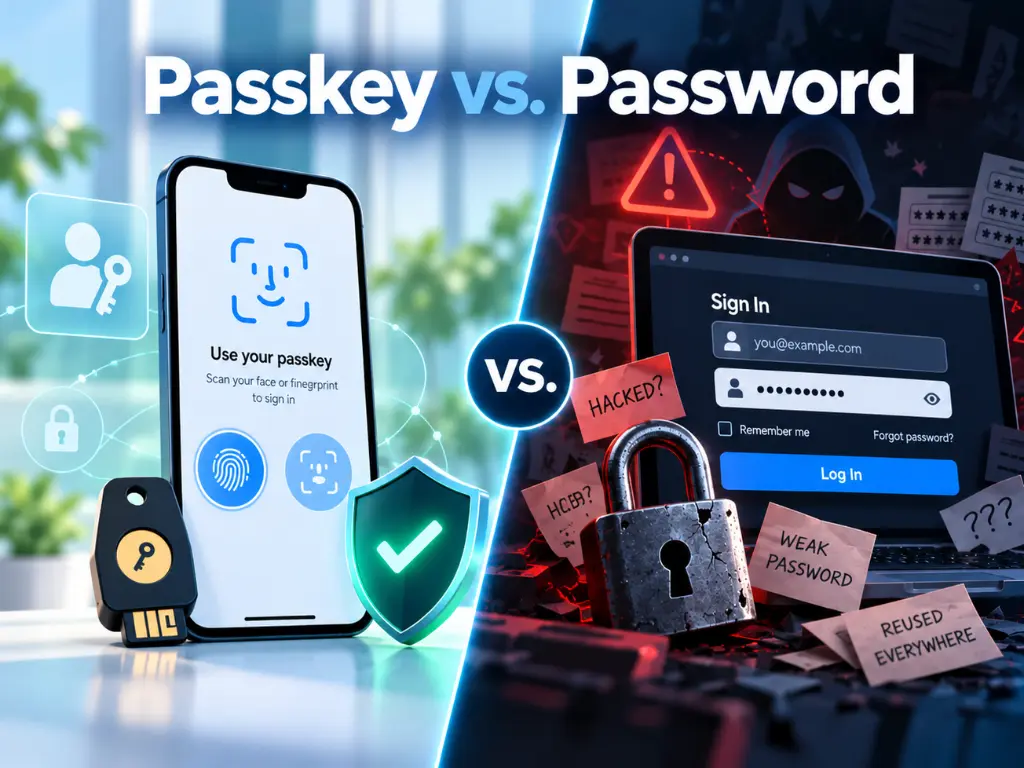 Split image comparing passkey security with biometric login and a physical key on the left, versus traditional password login with warning signs, a padlock, and security risks on the right.