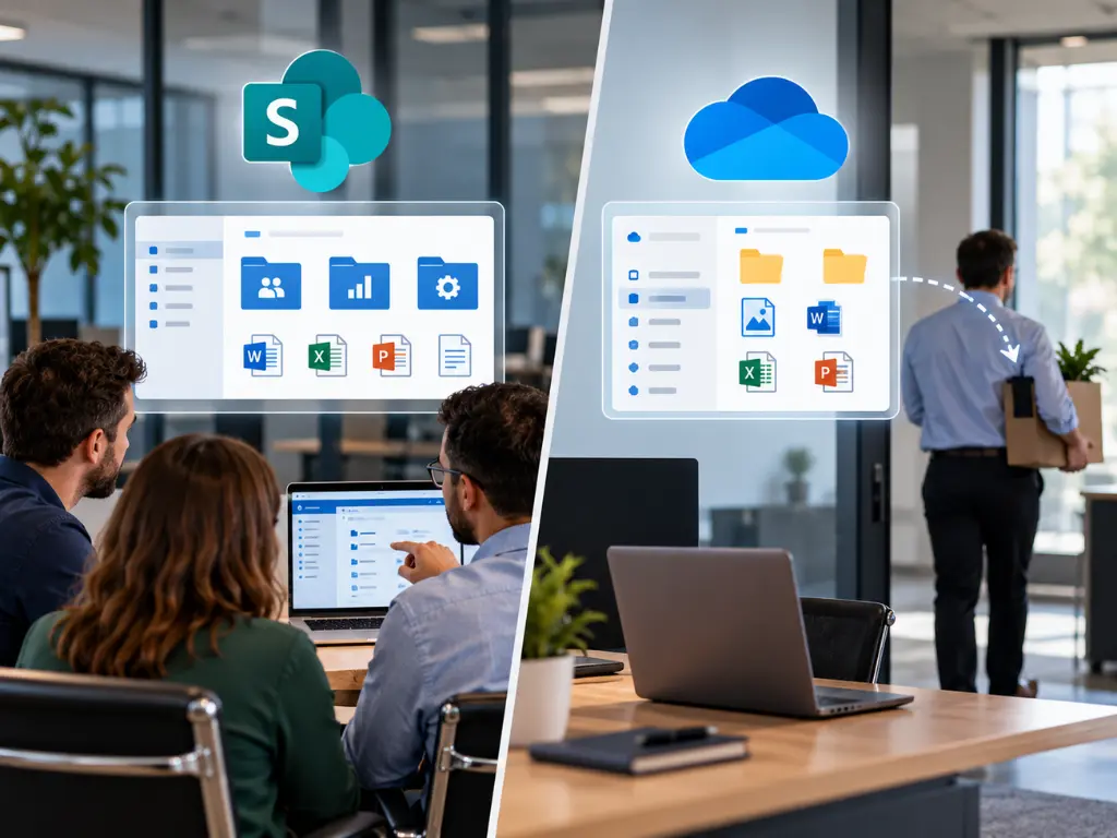 Split image: left side, people collaborating using SharePoint; right side, man leaving office with files moving to OneDrive, symbolizing data transfer or employee departure.