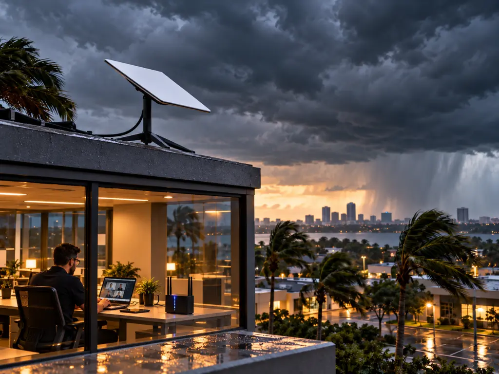 A person works on a laptop inside a modern office with large windows, as a storm brews outside, showing cityscape, palm trees, and a rooftop satellite dish.