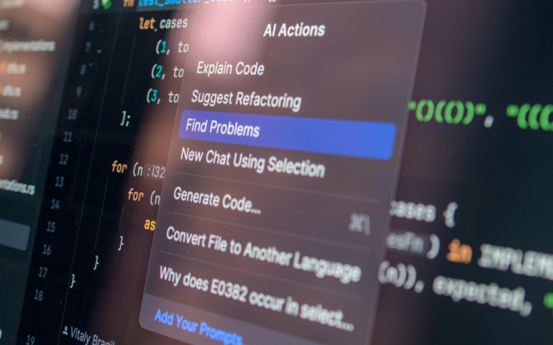 A computer screen showing code editor with an AI actions menu, highlighting the "Find Problems" option, against blurred programming code in the background.