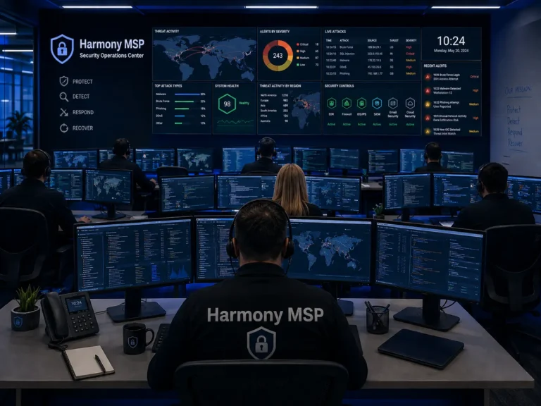 People working at computer stations in a cybersecurity operations center, monitoring global threats on large screens displaying maps, alerts, and system health statistics.