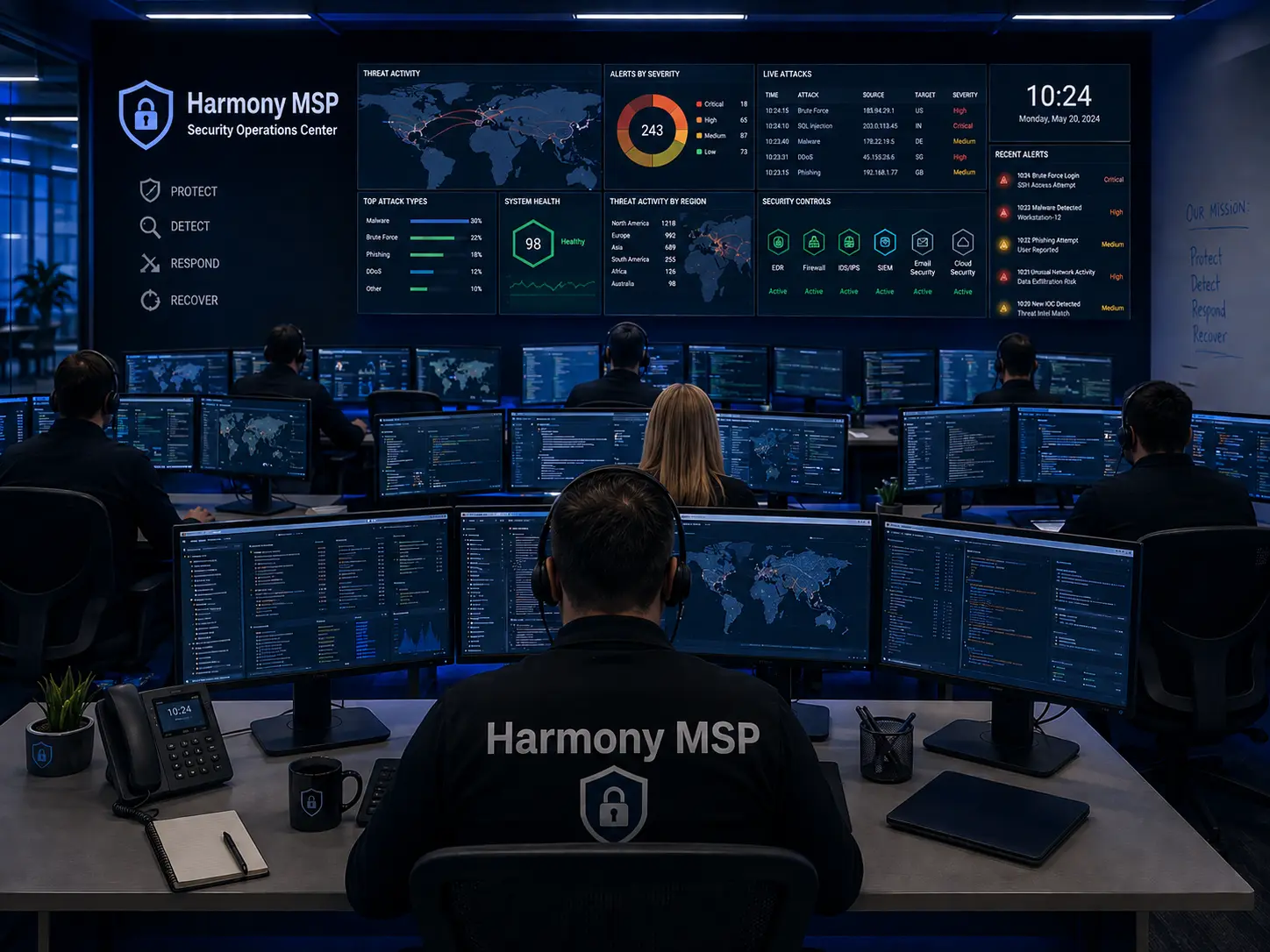 People working at computer stations in a cybersecurity operations center, monitoring global threats on large screens displaying maps, alerts, and system health statistics.