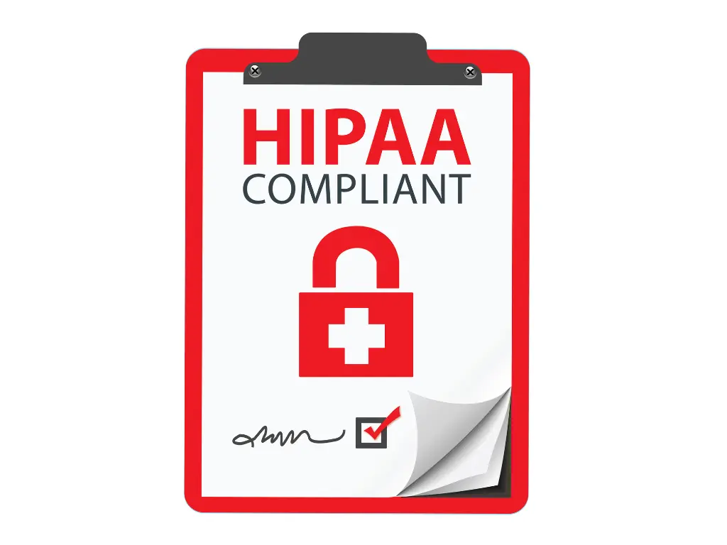 Red clipboard with the text "HIPAA COMPLIANT," a security lock icon with a medical cross, and a signed checkbox indicating compliance.