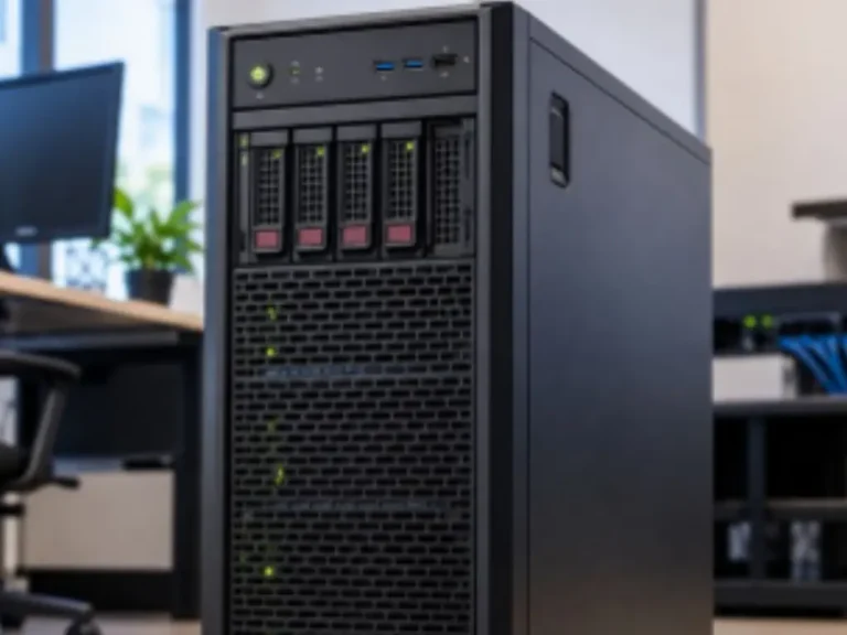 A black server tower with multiple drive bays sits in a modern office environment, visible desks, computer monitors, and plants in the background.