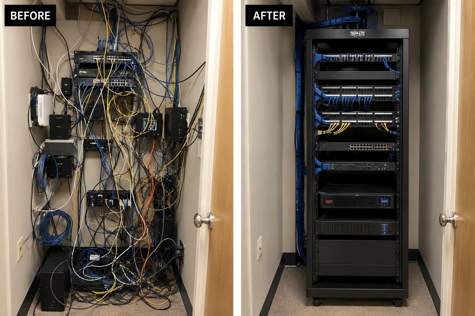 Before and after photos of a business network closet: tangled, unlabeled cabling and wall-mounted switches on the left; a clean rack with patch panels and managed cabling on the right